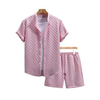 Herren nan zweiteiliges Sommerensemble mit Stehkragen-Hemdjacke und elastischen Komfort-Shorts in geprägter Karo-Textur Velnorah