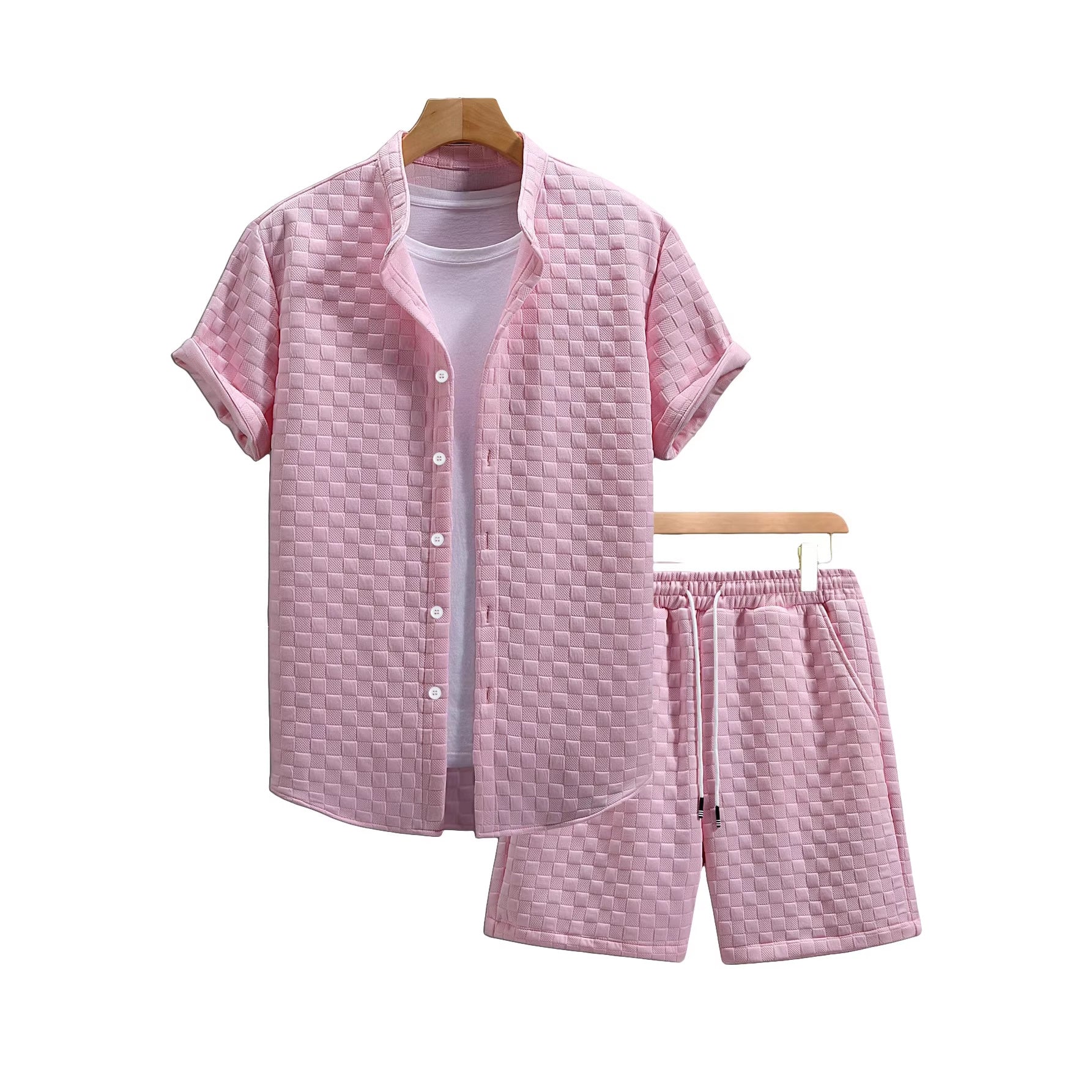 Herren nan zweiteiliges Sommerensemble mit Stehkragen-Hemdjacke und elastischen Komfort-Shorts in geprägter Karo-Textur Velnorah