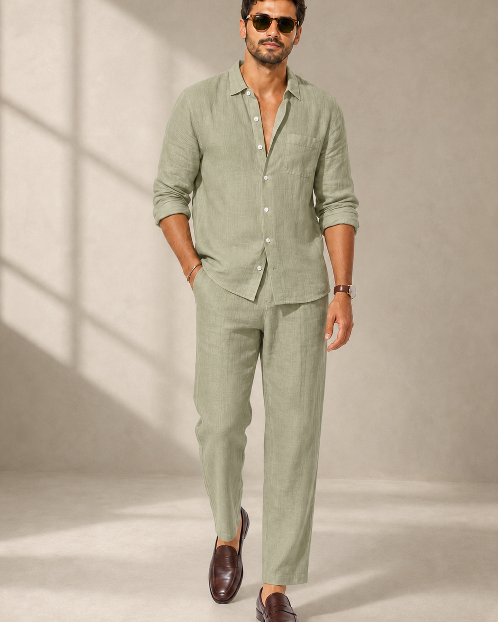 Herren Leinen Set 2-teilig – Langarmhemd und Hose, Loose Fit