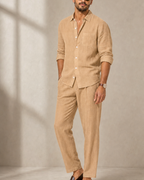 Herren Leinen Set 2-teilig – Langarmhemd und Hose, Loose Fit