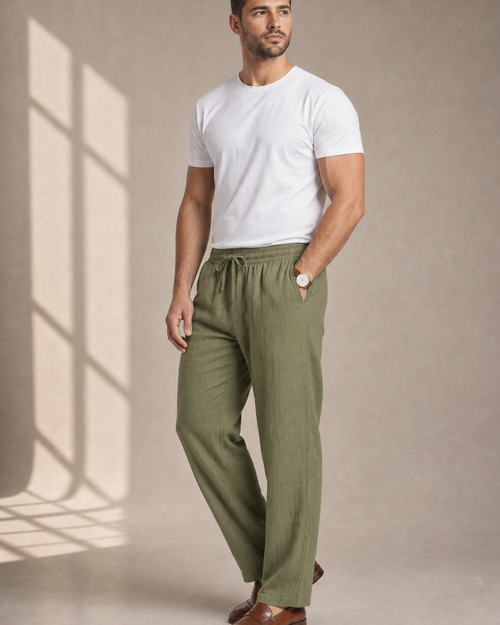 Herren Leinenhose lang mit geradem Bein und Seitentaschen