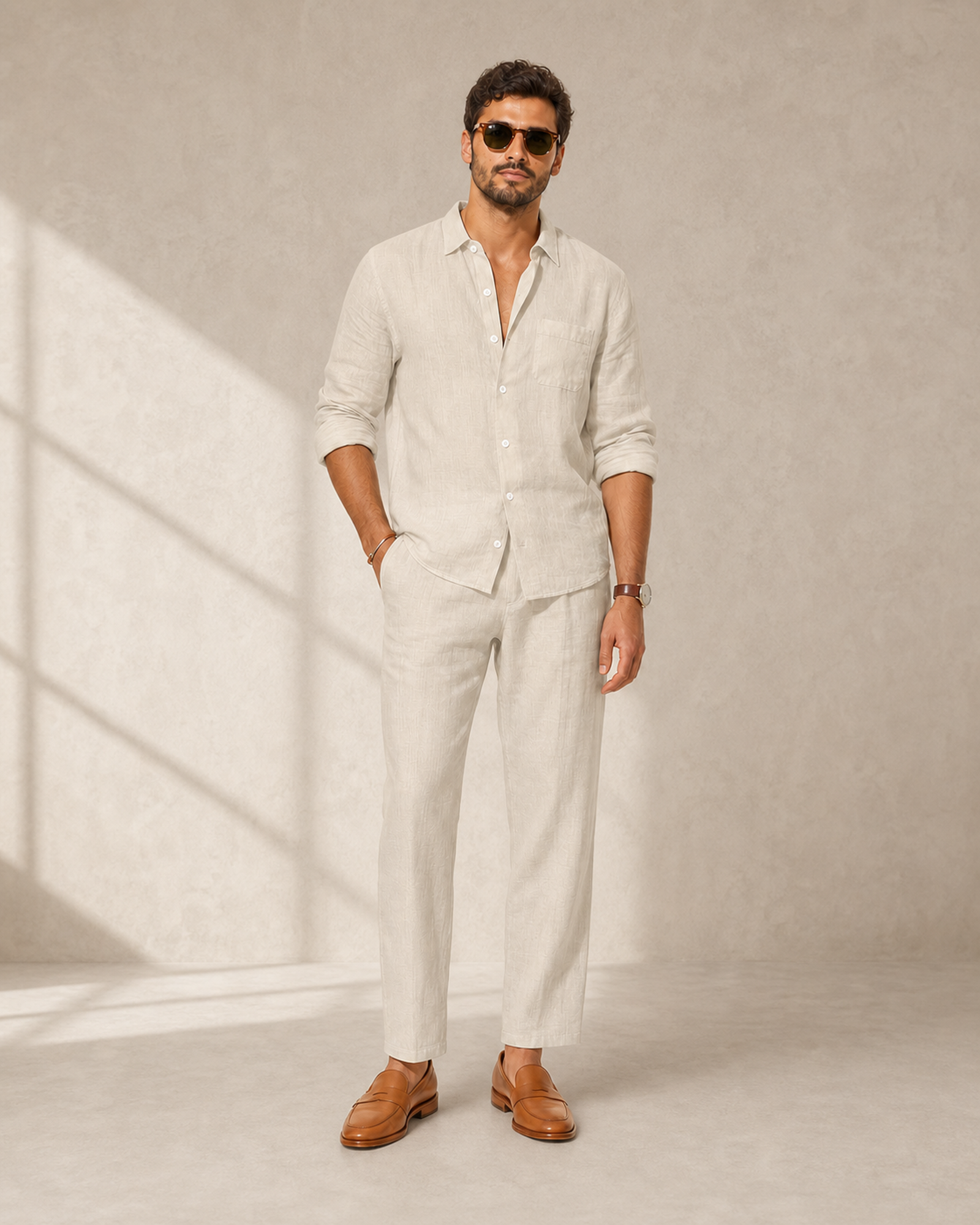 Herren Leinen Set 2-teilig – Langarmhemd und Hose, Loose Fit