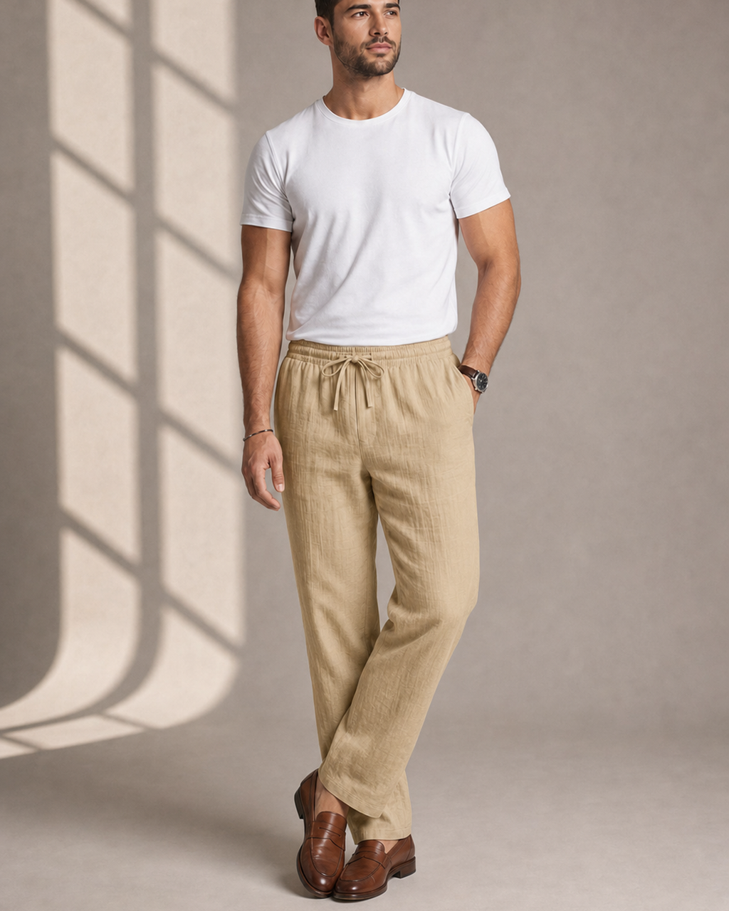 Herren Leinenhose lang mit geradem Bein und Seitentaschen
