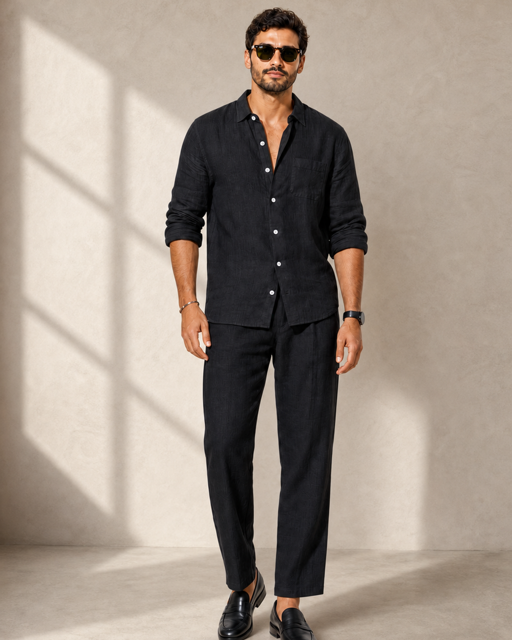 Herren Leinen Set 2-teilig – Langarmhemd und Hose, Loose Fit