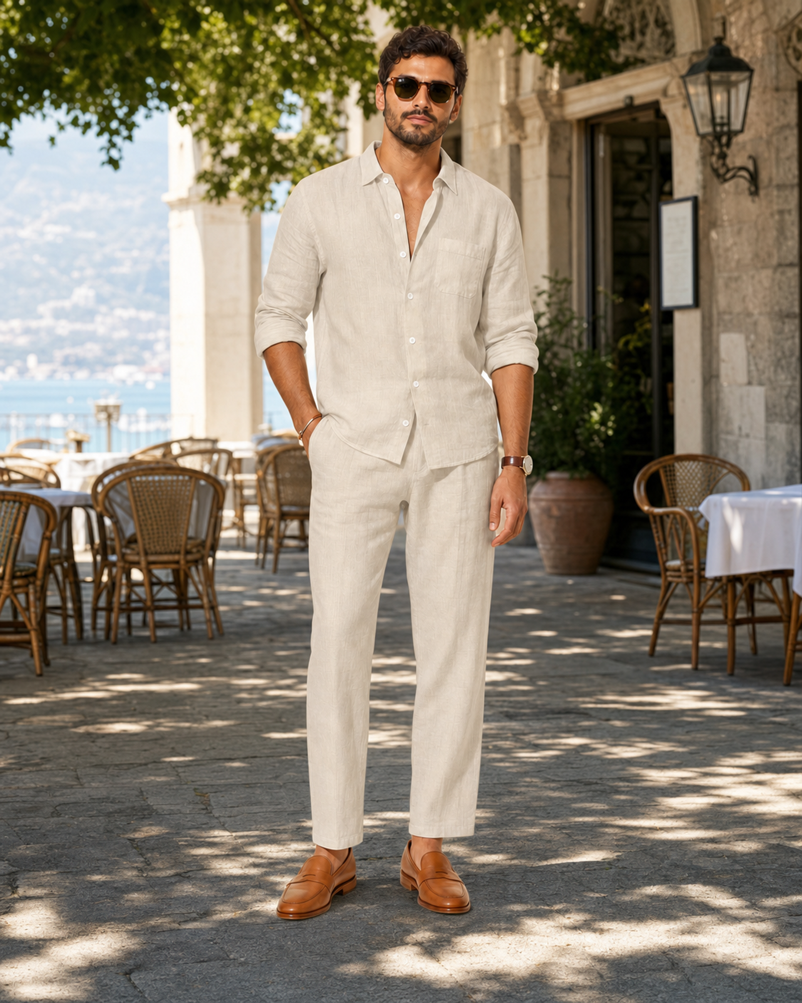 Herren Leinen Set 2-teilig – Langarmhemd und Hose, Loose Fit