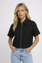 Kurze Jacke Damen Cropped Reißverschluss Revers Casual Chic-Velnorah