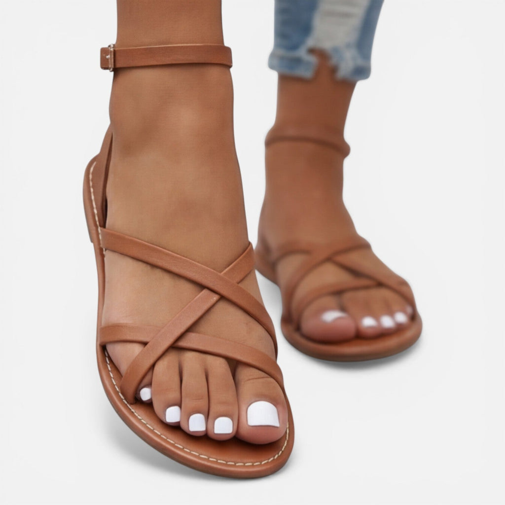 Leder Sandalen Damen Flach Mit Knöchelriemen Casual-Velnorah