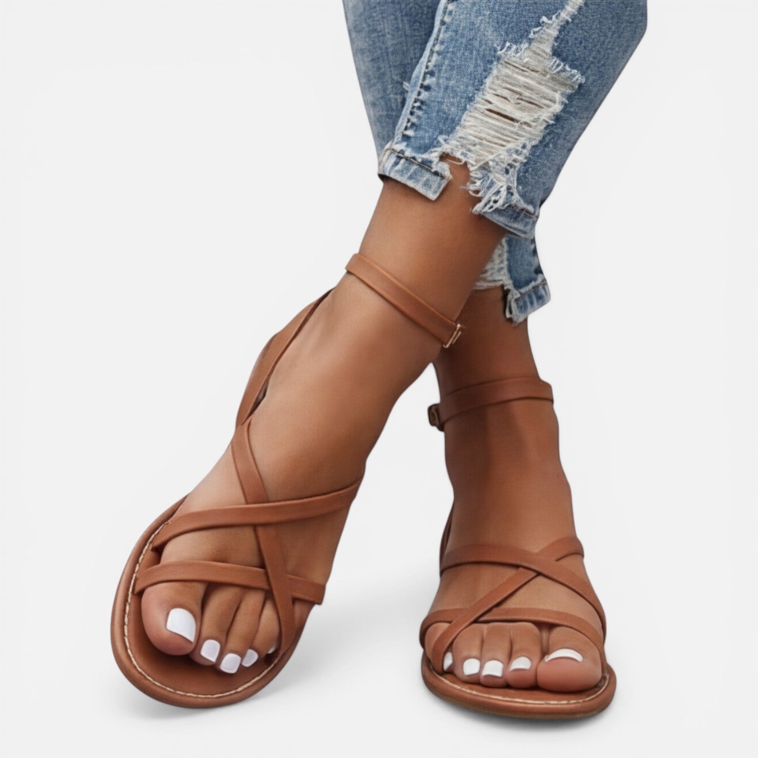 Leder Sandalen Damen Flach Mit Knöchelriemen Casual-Velnorah