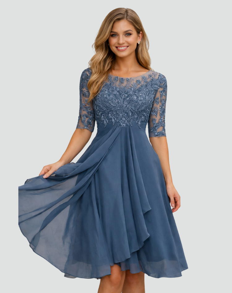 Midi Festkleid Damen Regular Fit Spitze Dreiviertelarm-Velnorah