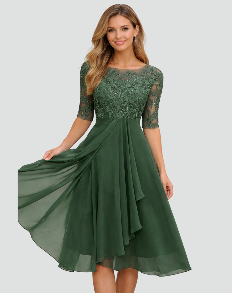 Midi Festkleid Damen Regular Fit Spitze Dreiviertelarm-Velnorah