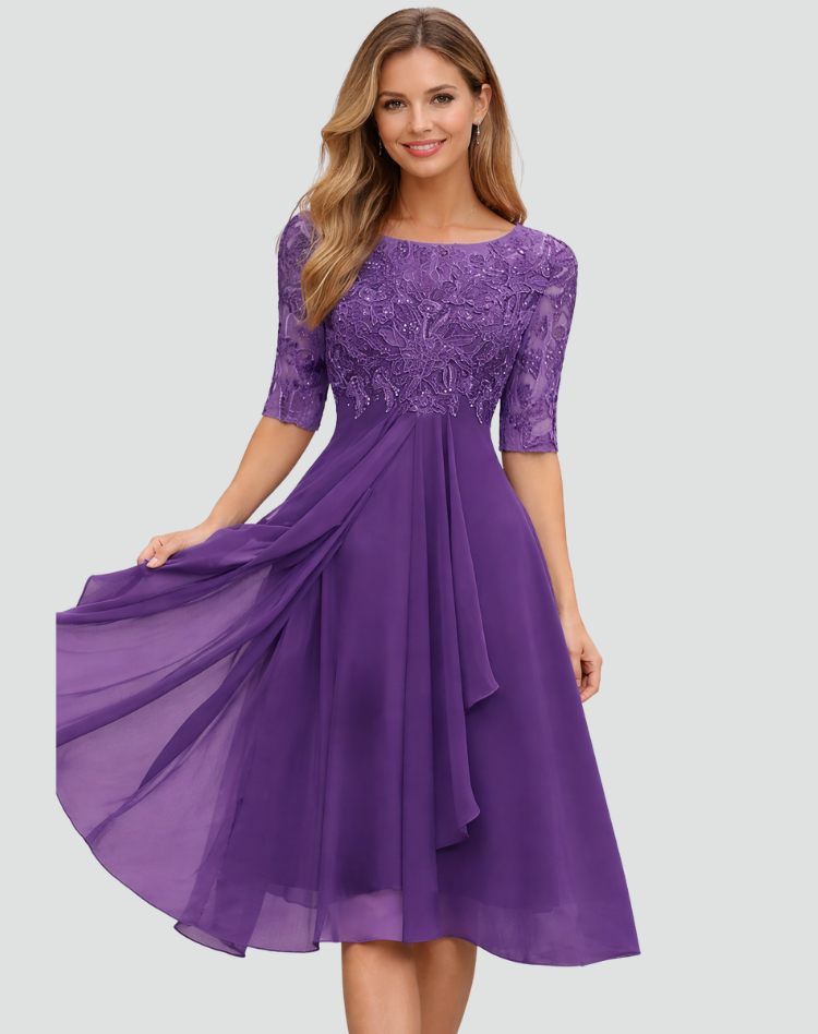 Midi Festkleid Damen Regular Fit Spitze Dreiviertelarm-Velnorah