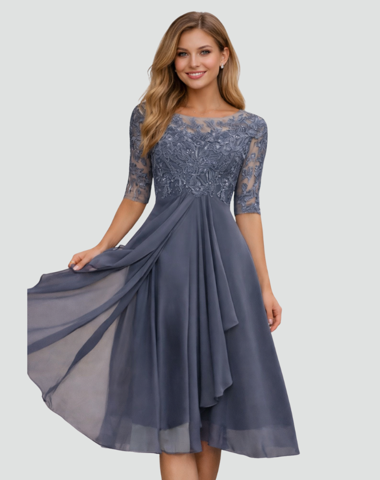 Midi Festkleid Damen Regular Fit Spitze Dreiviertelarm-Velnorah