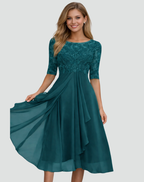 Midi Festkleid Damen Regular Fit Spitze Dreiviertelarm-Velnorah