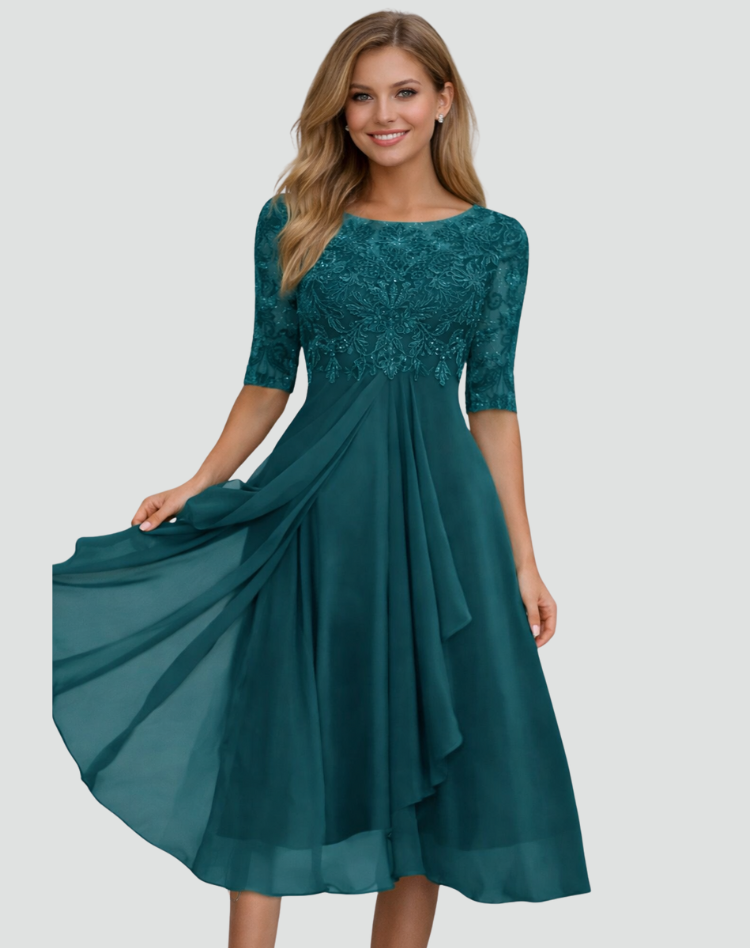 Midi Festkleid Damen Regular Fit Spitze Dreiviertelarm-Velnorah