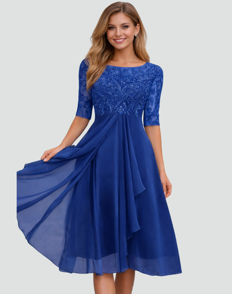 Midi Festkleid Damen Regular Fit Spitze Dreiviertelarm-Velnorah
