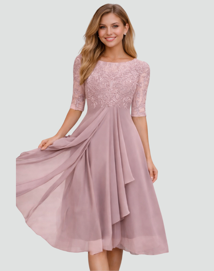 Midi Festkleid Damen Regular Fit Spitze Dreiviertelarm-Velnorah