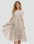 Midi Festkleid Damen Regular Fit Spitze Dreiviertelarm-Velnorah