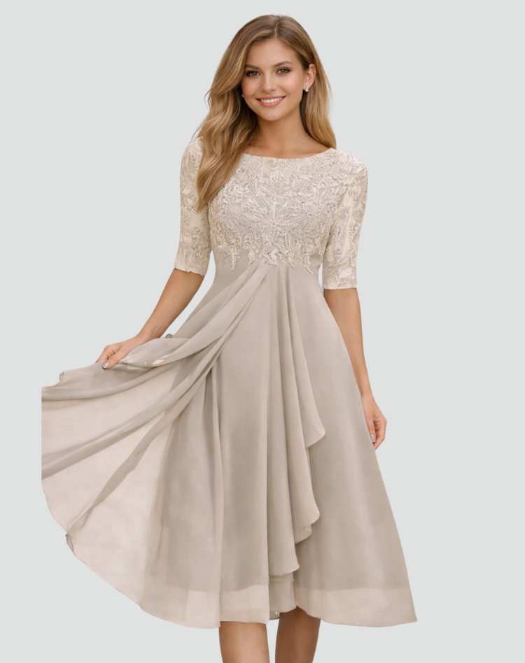 Midi Festkleid Damen Regular Fit Spitze Dreiviertelarm-Velnorah