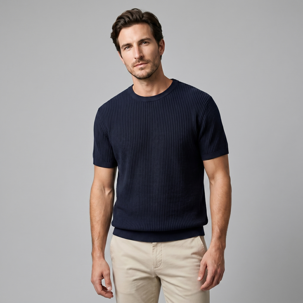Rippstrick T-Shirt Herren Rundhals Casual-Velnorah