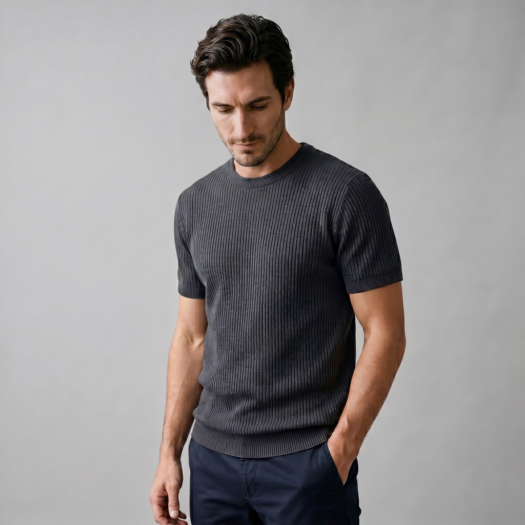 Rippstrick T-Shirt Herren Rundhals Casual-Velnorah