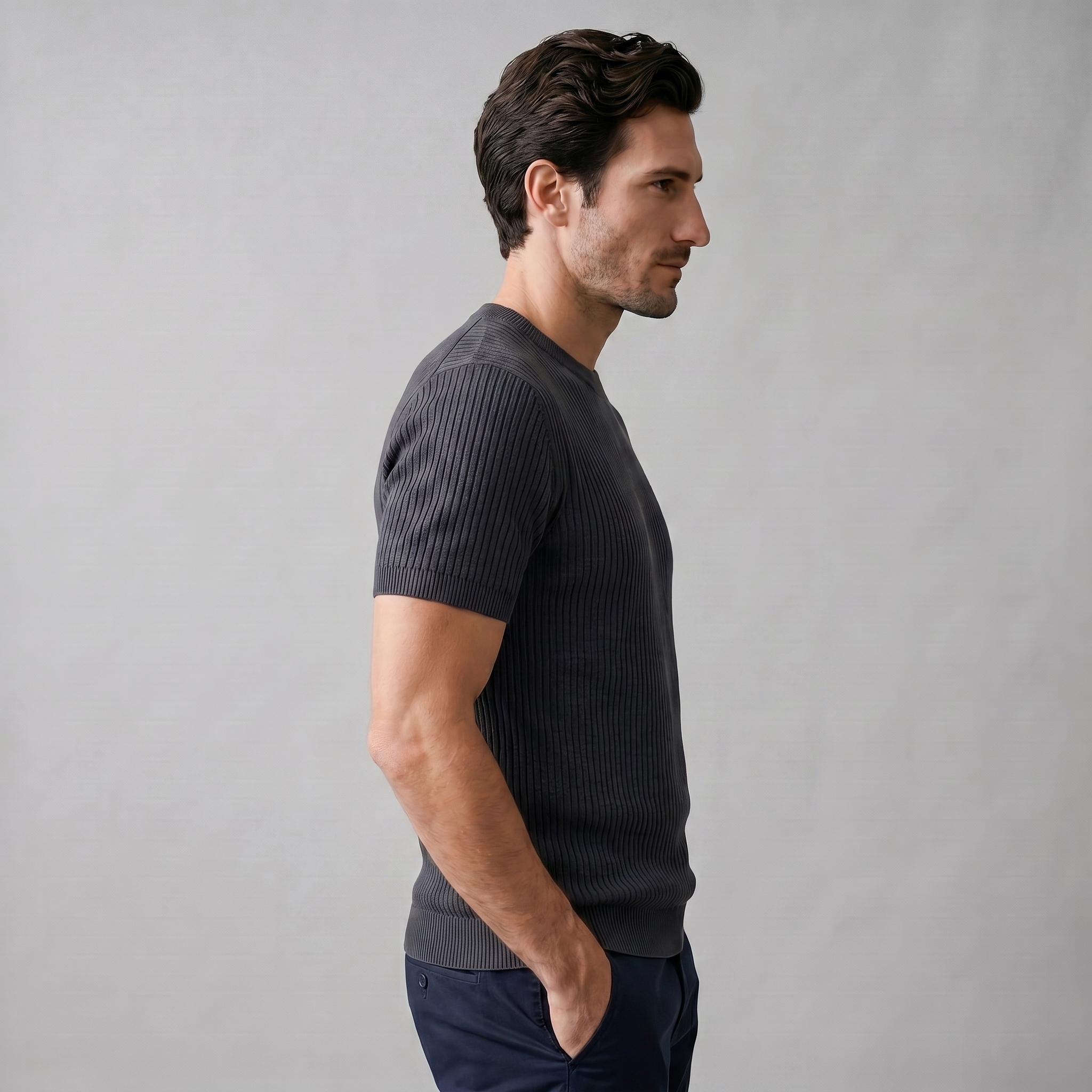 Rippstrick T-Shirt Herren Rundhals Casual-Velnorah