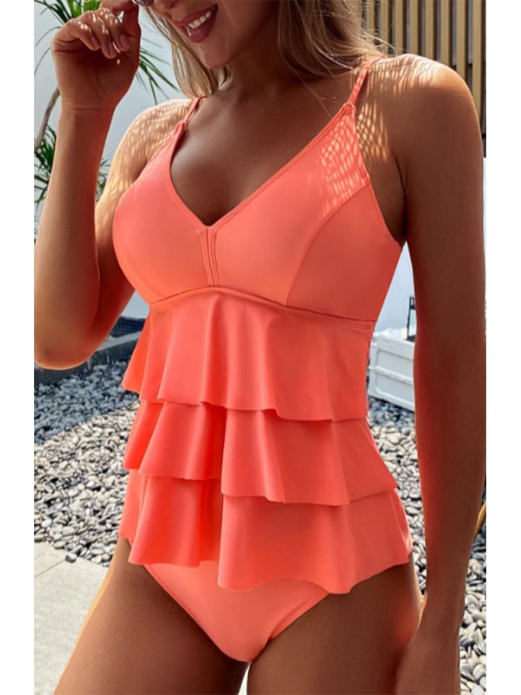 Sommer Damen Badeanzug mit V-Ausschnitt und flatternden Volants-Velnorah