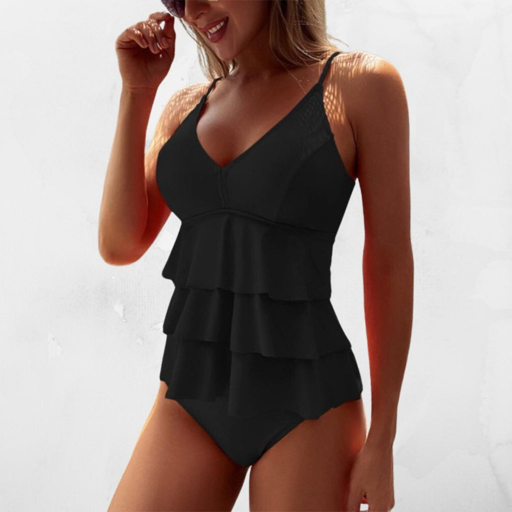 Sommer Damen Badeanzug mit V-Ausschnitt und flatternden Volants-Velnorah