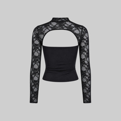 Top Damen Spitze Cutout Mock Neck Flare Ärmel-Velnorah