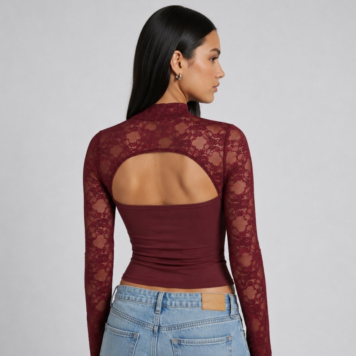 Top Damen Spitze Cutout Mock Neck Flare Ärmel-Velnorah
