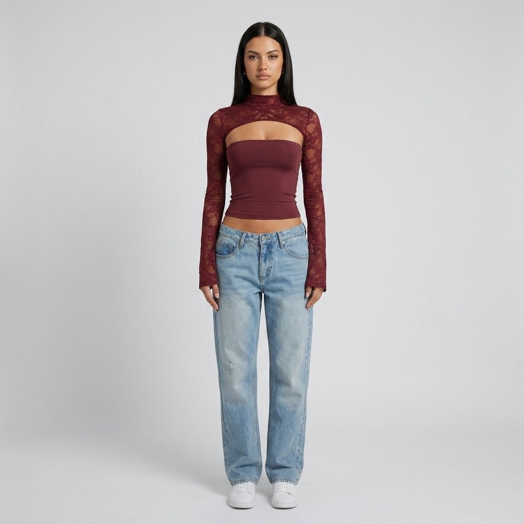 Top Damen Spitze Cutout Mock Neck Flare Ärmel-Velnorah