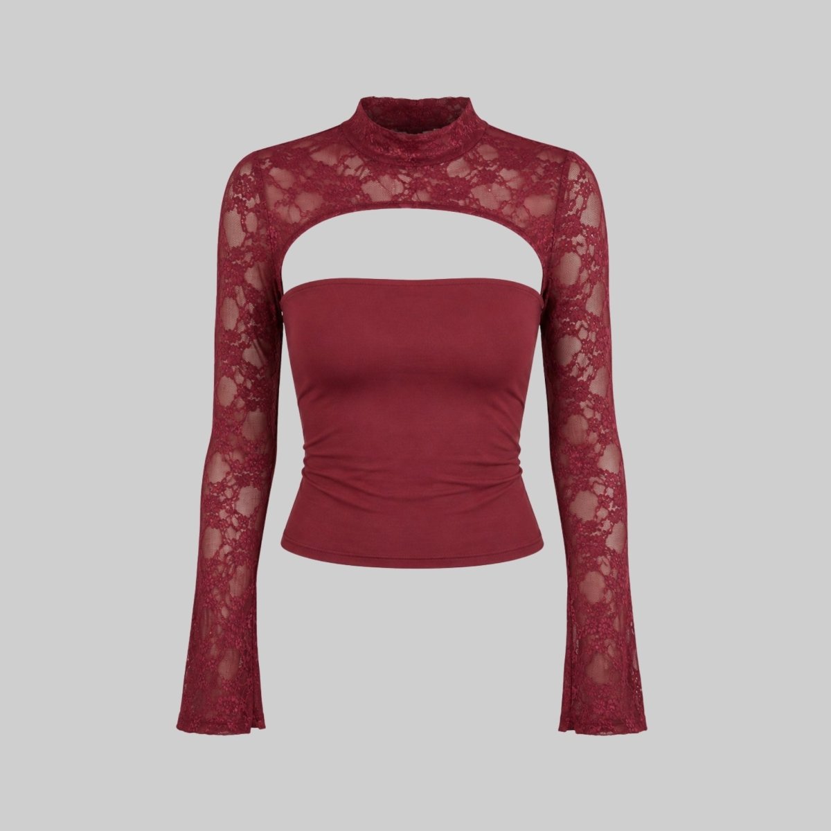 Top Damen Spitze Cutout Mock Neck Flare Ärmel-Velnorah