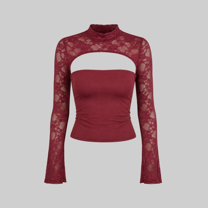 Top Damen Spitze Cutout Mock Neck Flare Ärmel-Velnorah
