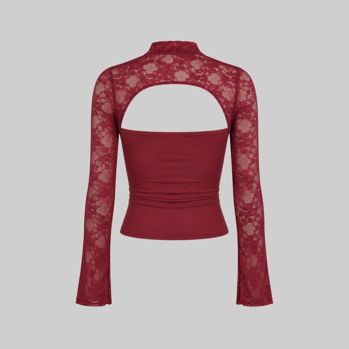 Top Damen Spitze Cutout Mock Neck Flare Ärmel-Velnorah