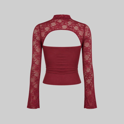 Top Damen Spitze Cutout Mock Neck Flare Ärmel-Velnorah