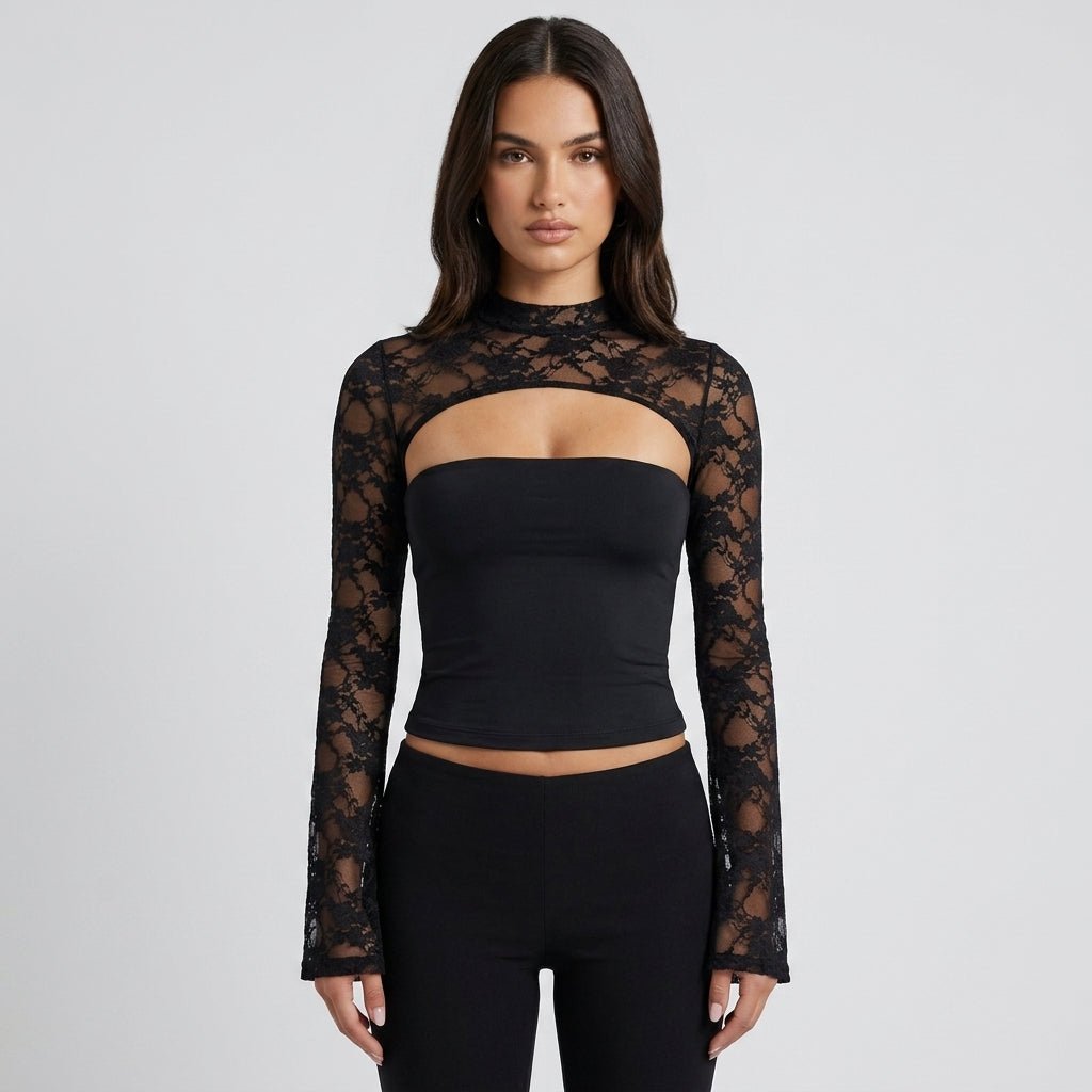 Top Damen Spitze Cutout Mock Neck Flare Ärmel-Velnorah