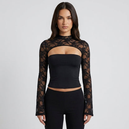 Top Damen Spitze Cutout Mock Neck Flare Ärmel-Velnorah