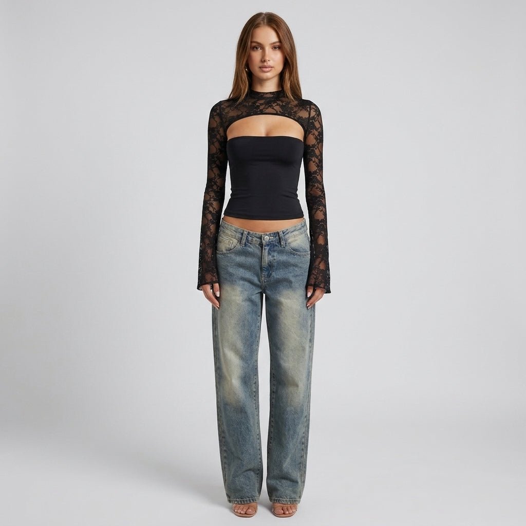 Top Damen Spitze Cutout Mock Neck Flare Ärmel-Velnorah