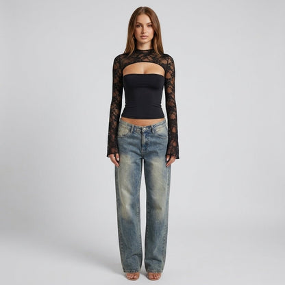 Top Damen Spitze Cutout Mock Neck Flare Ärmel-Velnorah