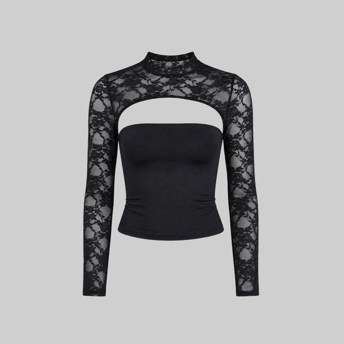 Top Damen Spitze Cutout Mock Neck Flare Ärmel-Velnorah