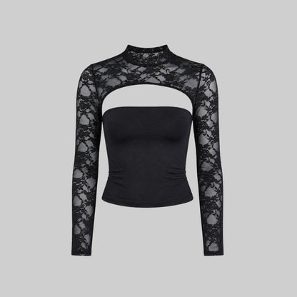 Top Damen Spitze Cutout Mock Neck Flare Ärmel-Velnorah