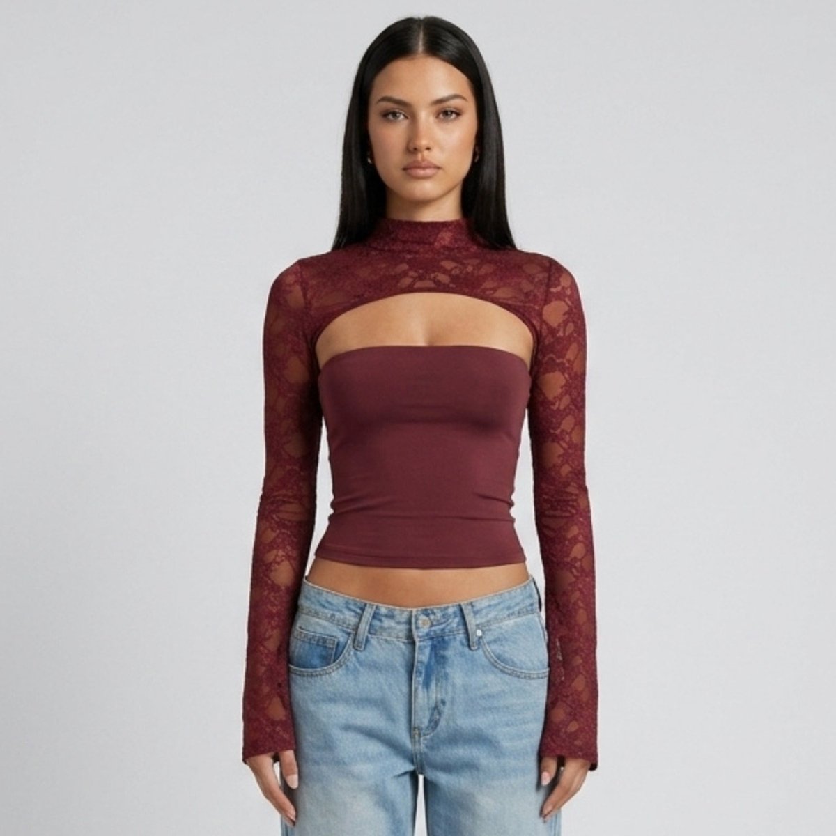 Top Damen Spitze Cutout Mock Neck Flare Ärmel-Velnorah