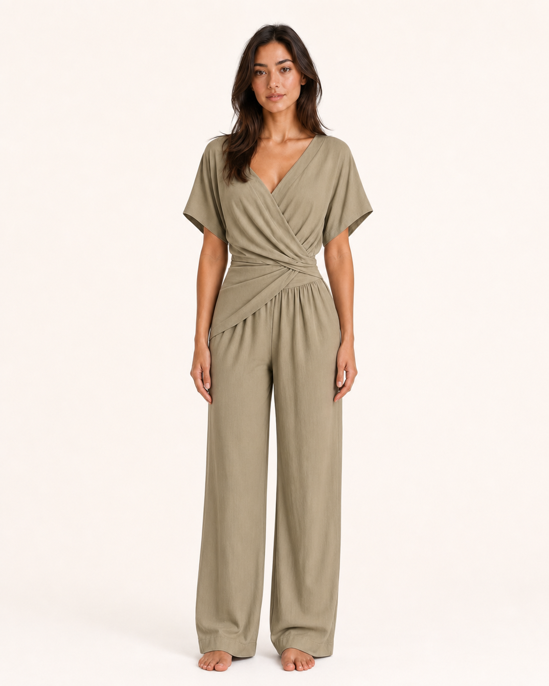 Damen Eleganter mit Wickeloptik und breiten Beinen Velnorah - variant-khaki-cover-fixed