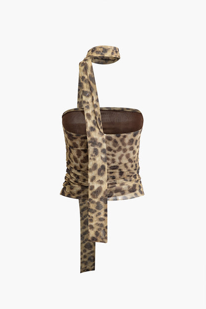 Leopardenmuster Neckholder-Top aus Netzstoff für Eleganz | Velnorah