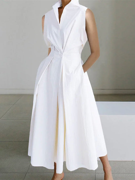 Elegantes weißes Baumwollkleid mit Hemdkragen | Velnorah