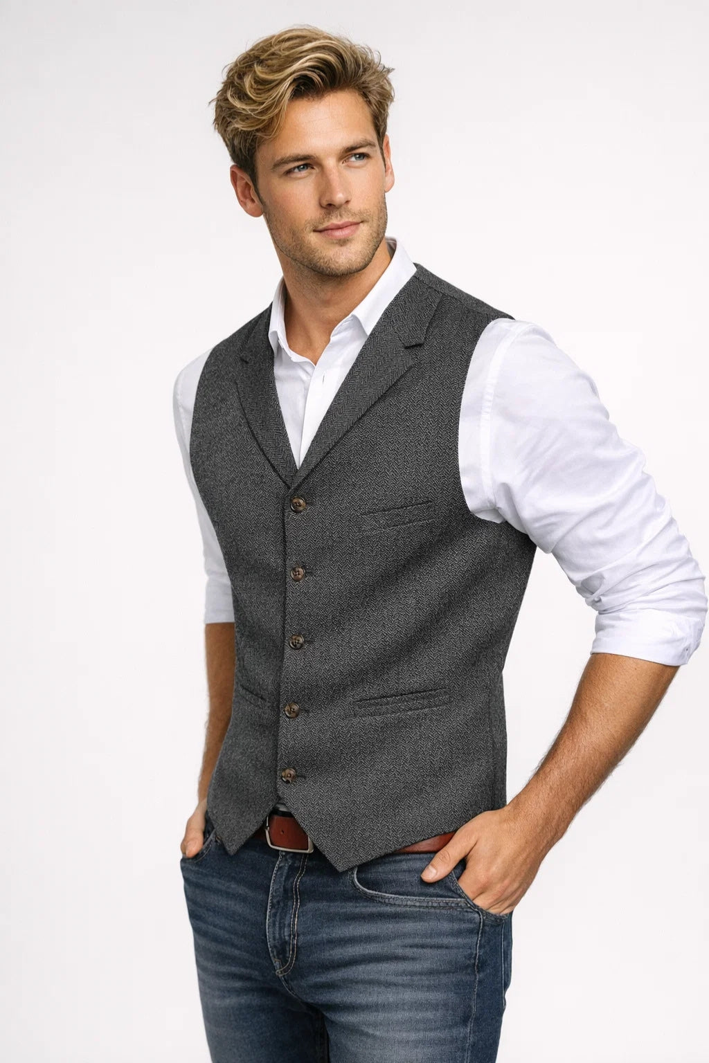 Weste Herren Slim Fit Formal Klassisch Knopfverschluss Revers-Velnorah