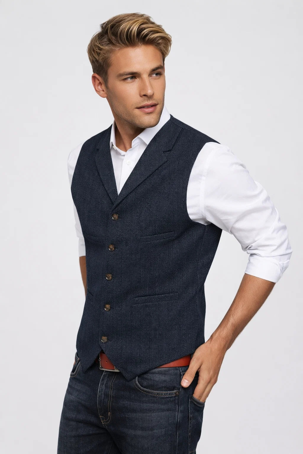Weste Herren Slim Fit Formal Klassisch Knopfverschluss Revers-Velnorah